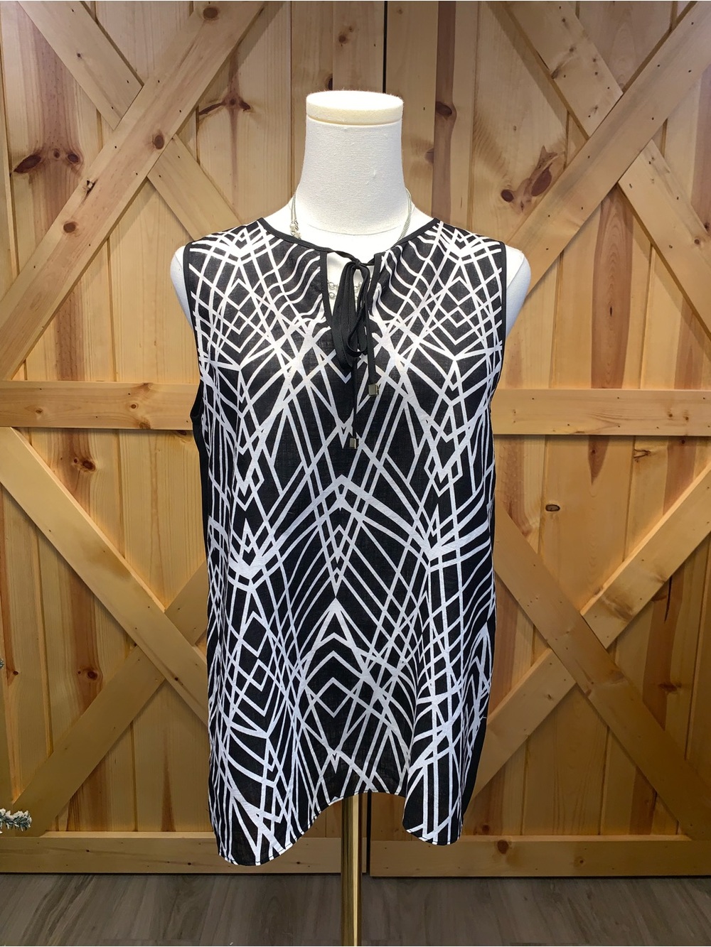 CK Linen S Black White Geometric Coastal Casual Classic Sleeveless Blouse